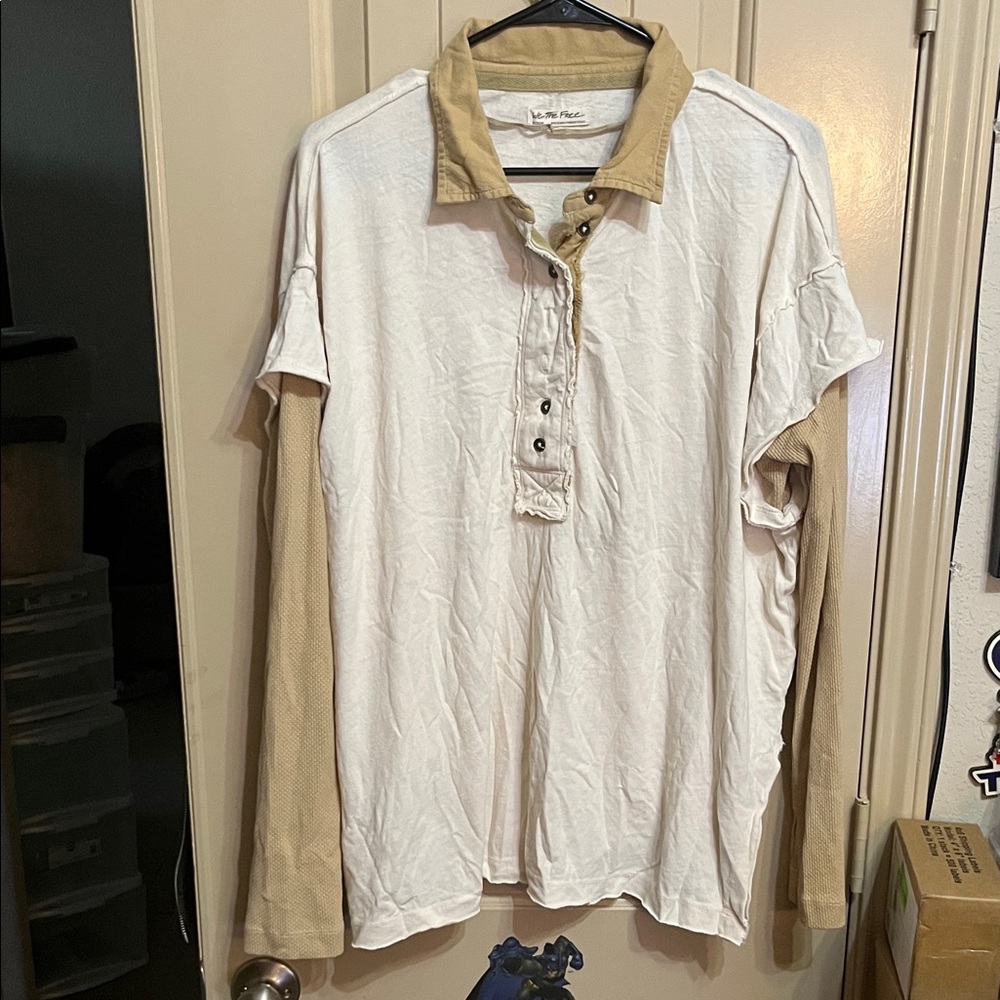 We The Free Tan and White Long Sleeve Polo Shirt